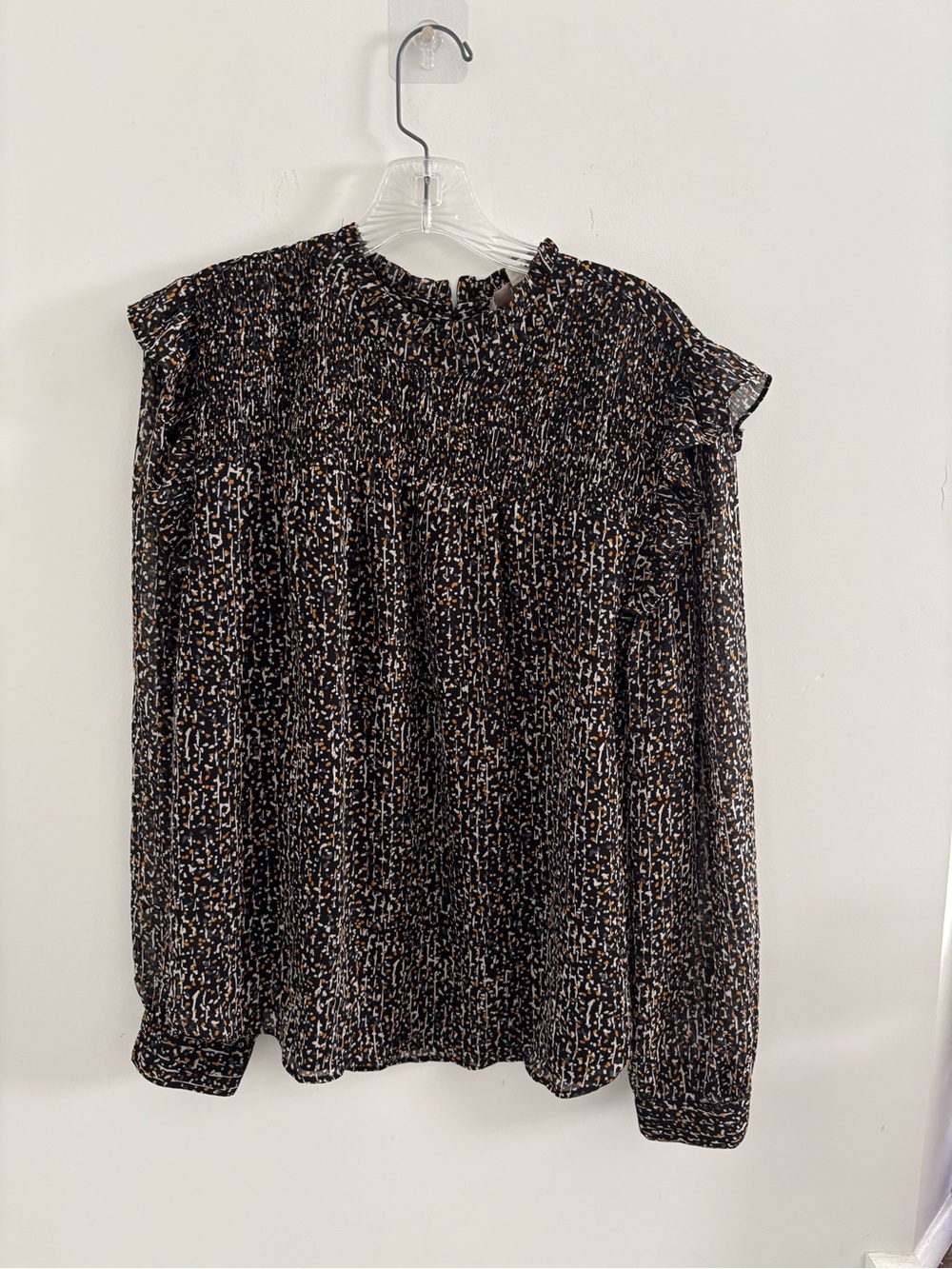 LOFT Black Multi Smocked Ruffle Long-Sleeve Blouse - Picture 2 of 8